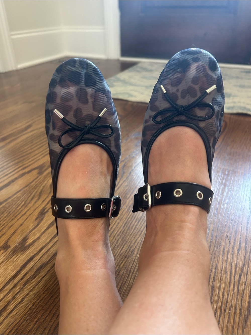 NWT Leopard Print Mary Jane Ballet Flats with Ankle Strap - Black/Gray